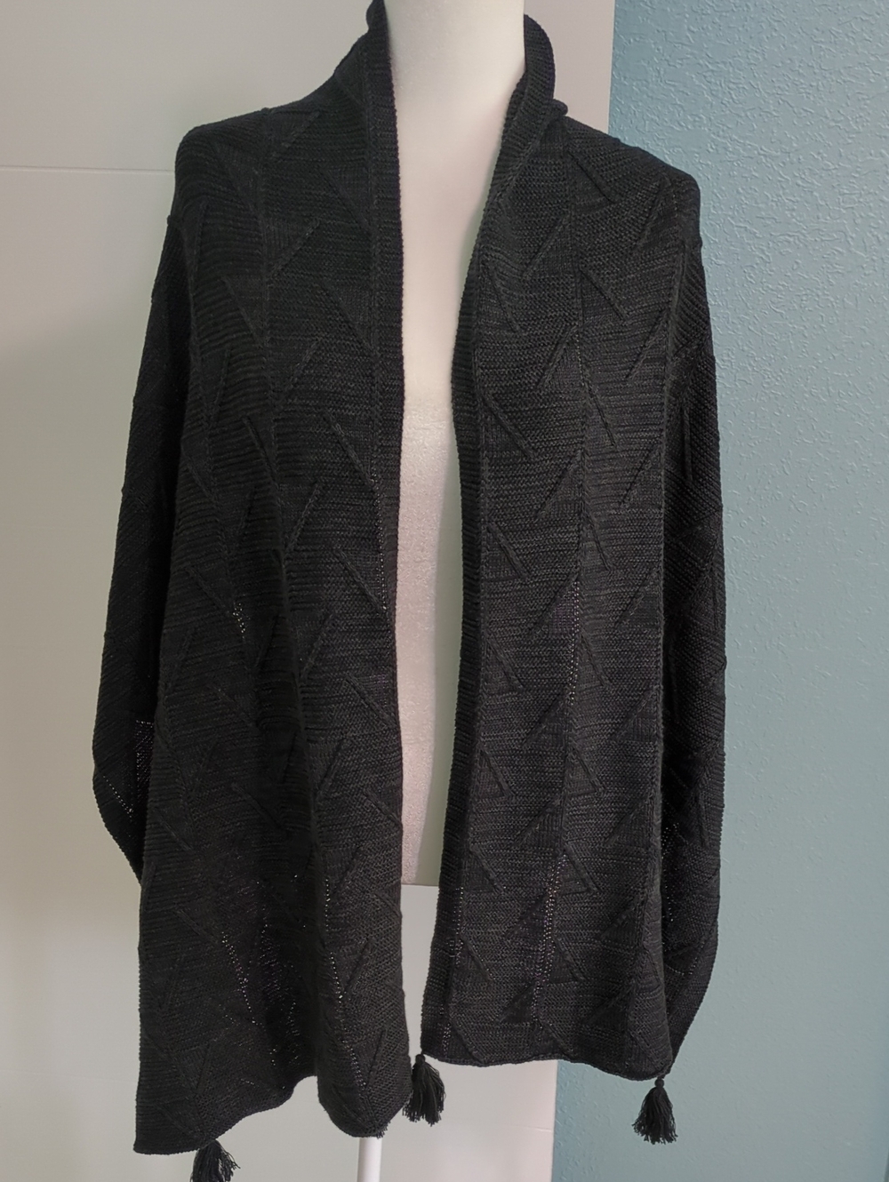 Handcrafted Pima Cotton Black Open-Front Tassel Hem Women's Scarf Shawl Fall